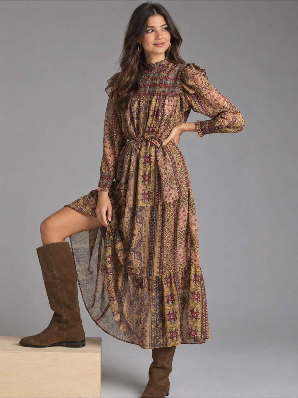 Anthropologie Llani Smocked Midi Dress Brown Pattern Size Medium